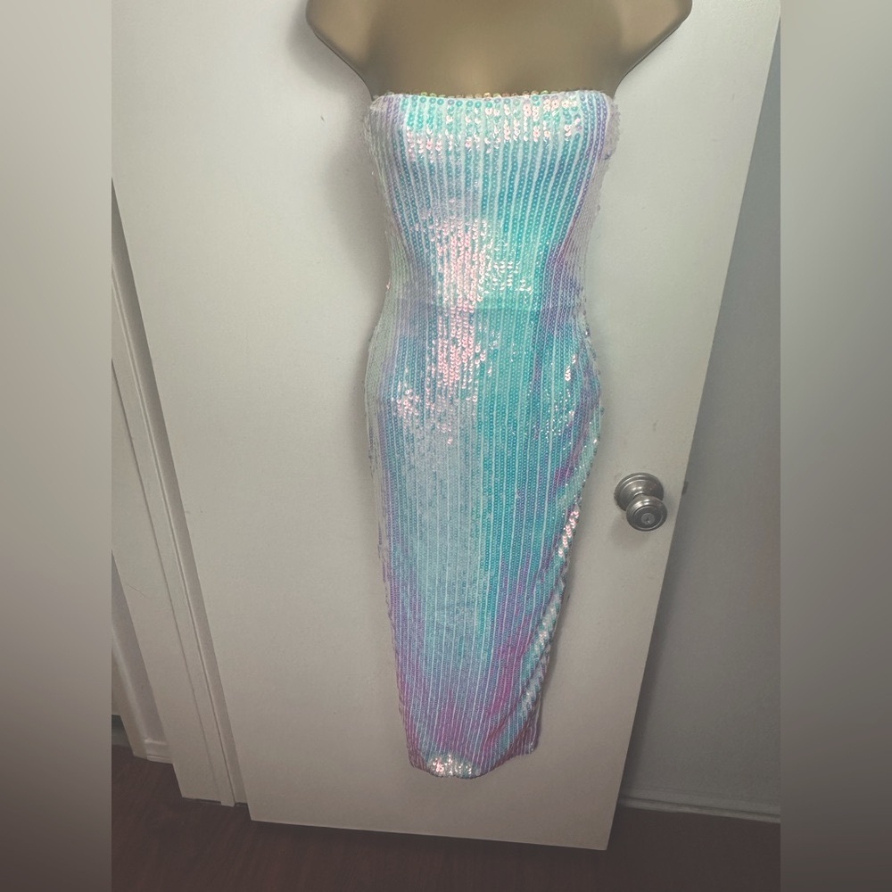 Nookie Strapless Sequin Mermaid Midi Dress in Iridescent Pastels